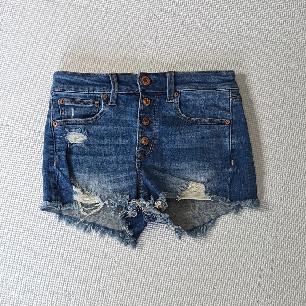 American Eagle Hi Rise Shortie Jean Shorts Medium Wash Distressed Size 2